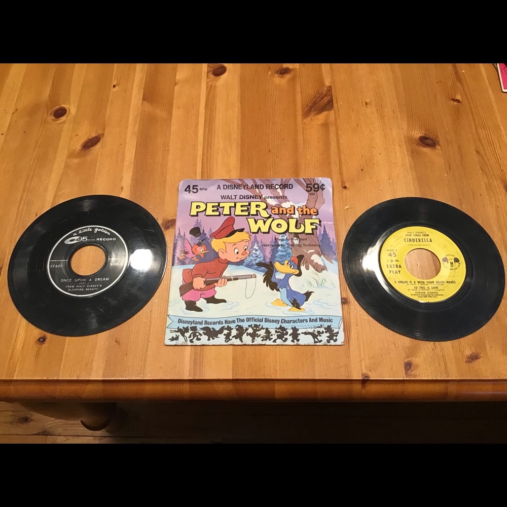 VINTAGE DISNEY CINDERELLA SLEEPING BEAUTY PETER & THE WOLF 45 rpm VINYL RECORDS